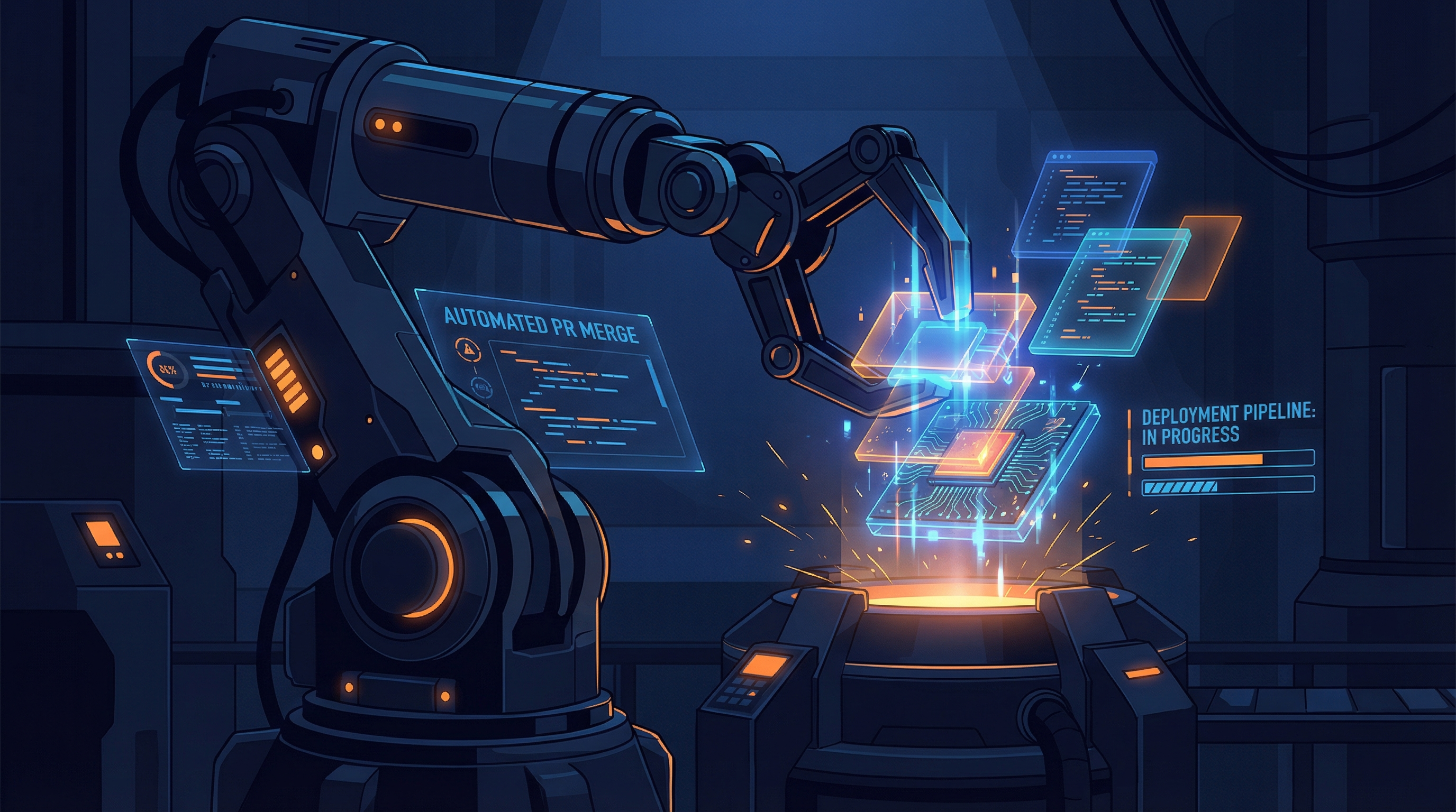 Block's AI Revolution — BuilderBot autonomous coding agent replacing engineering teams, holographic deployment pipelines in a dark factory setting