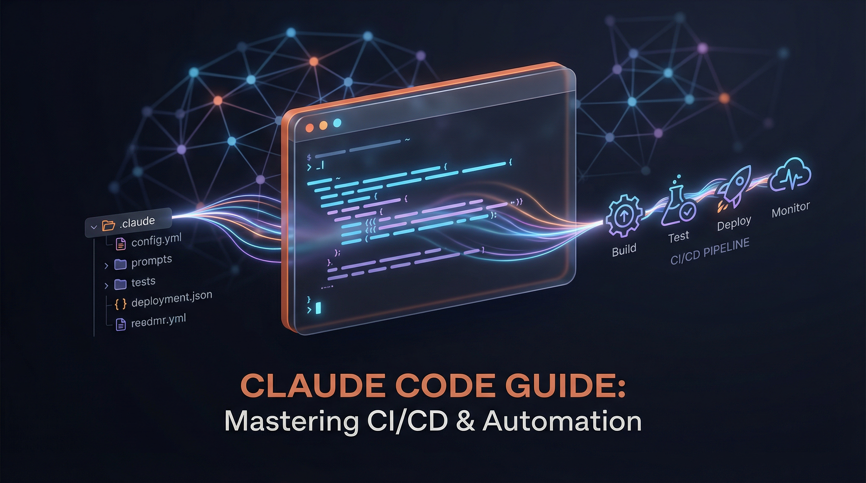 Claude Code complete guide — terminal interface with .claude folder structure, hooks system, and CI/CD pipeline visualization
