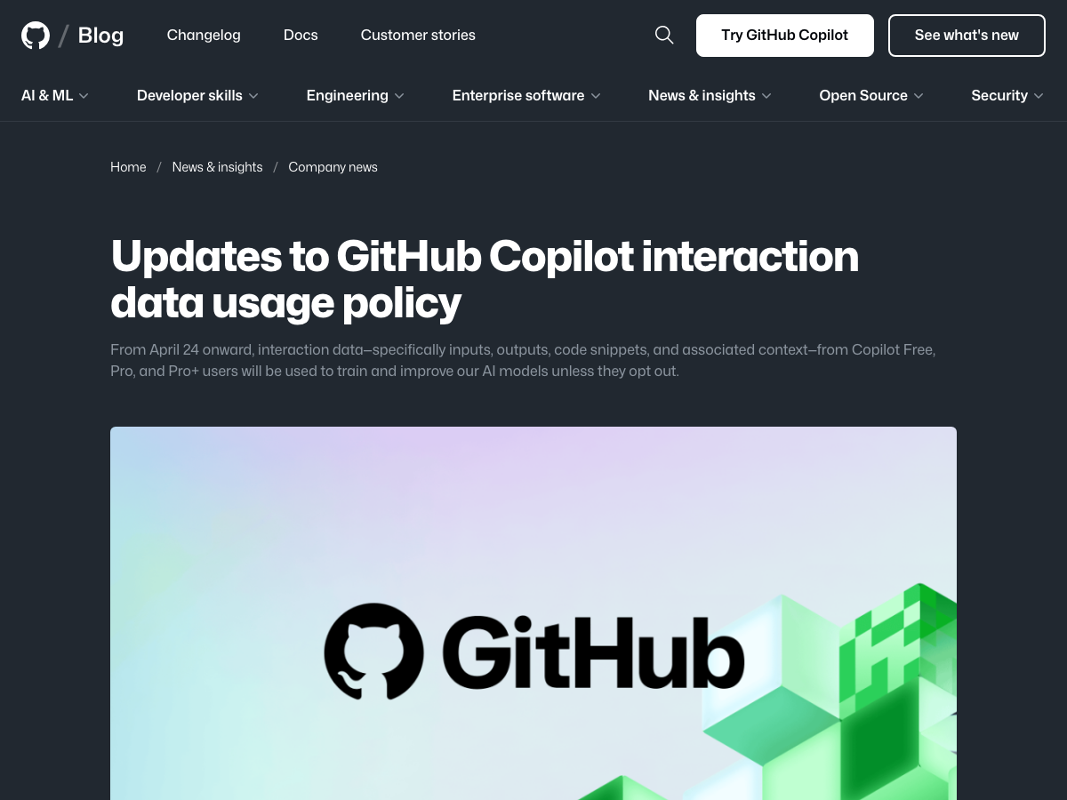 GitHub official blog post announcing updates to Copilot interaction data usage policy
