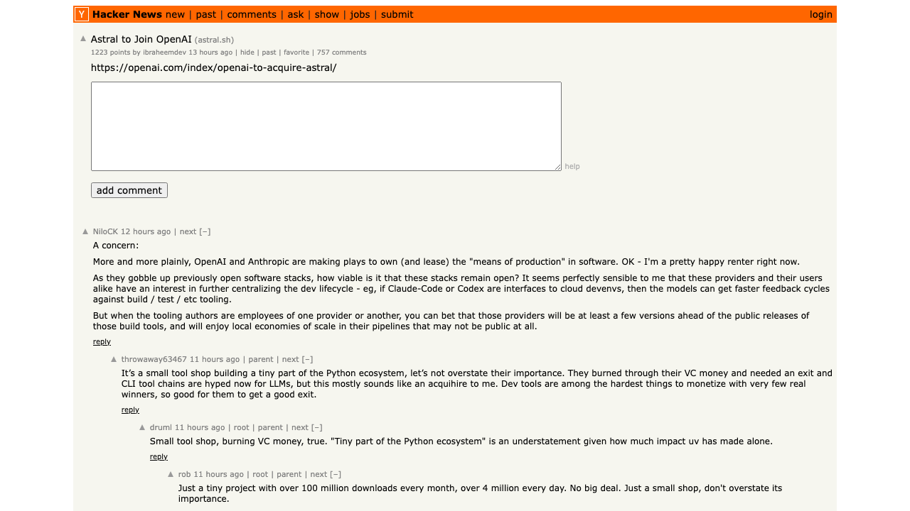 Hacker News discussion on Astral joining OpenAI — 1,223 points, 757 comments, with developers debating open source capture and the future of uv and Ruff
