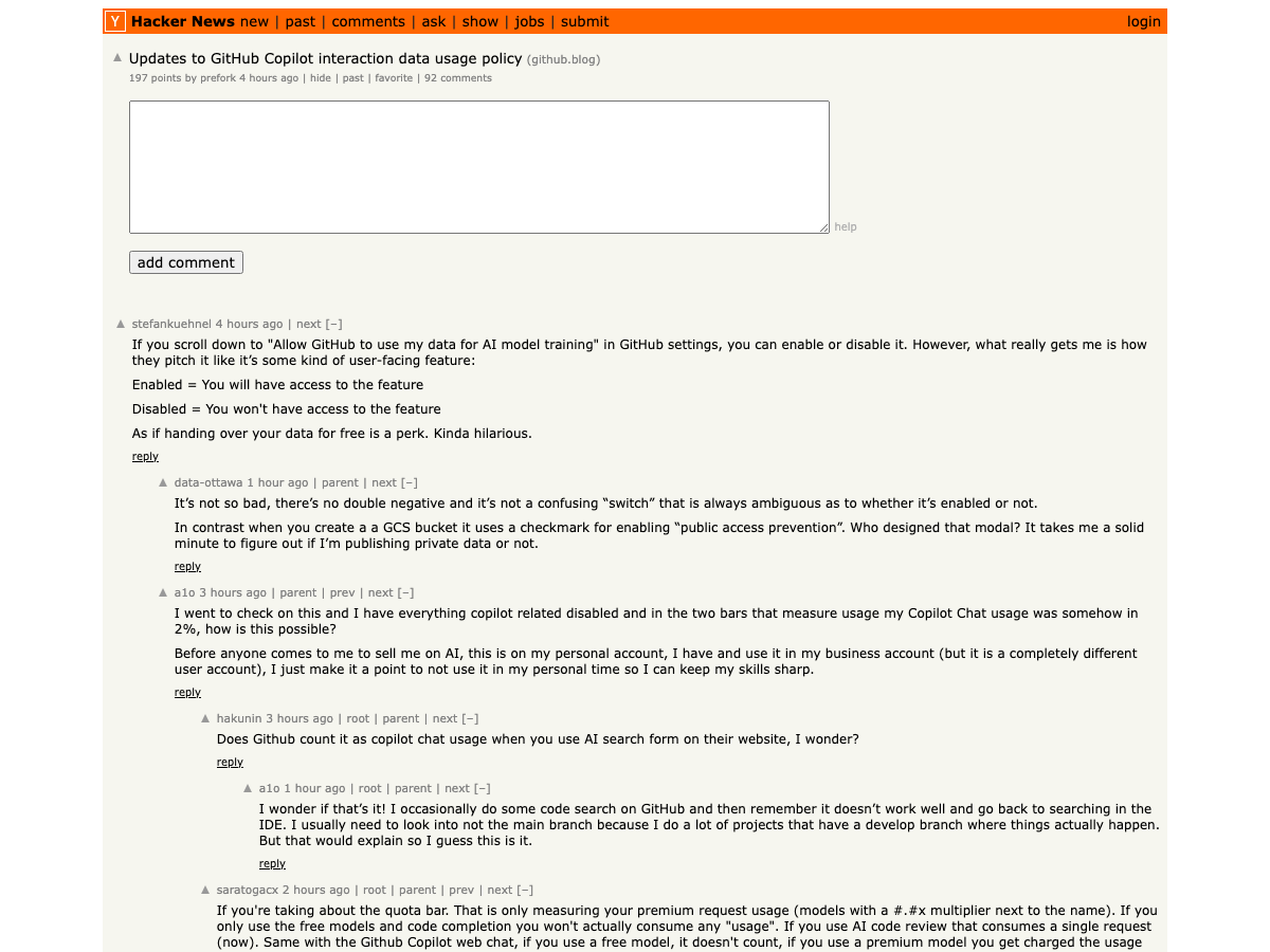 Hacker News discussion — "Updates to GitHub Copilot interaction data usage policy" with 150+ points and 72+ comments