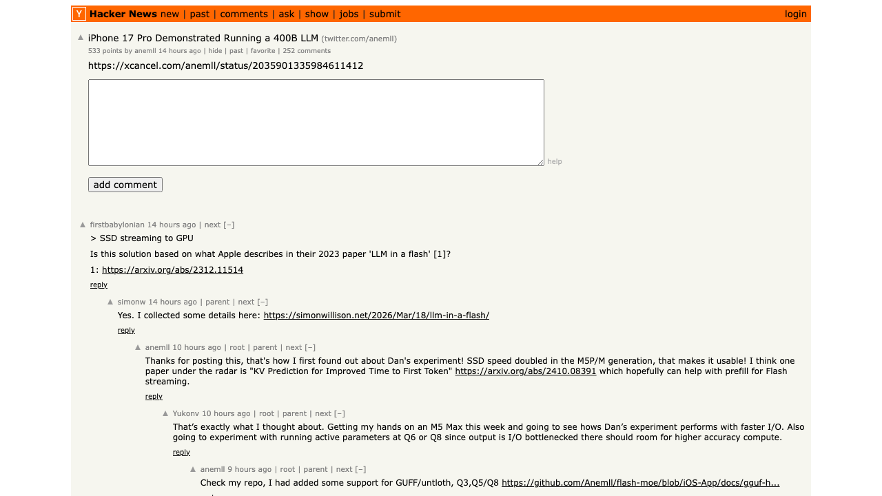Hacker News โ "iPhone 17 Pro Demonstrated Running a 400B LLM" โ 531 points, 200+ comments