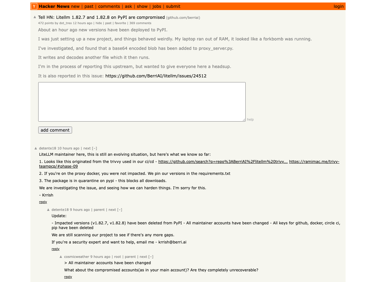 Hacker News thread — "Malicious litellm_init.pth in litellm 1.82.8 PyPI package – credential stealer" with 719 points