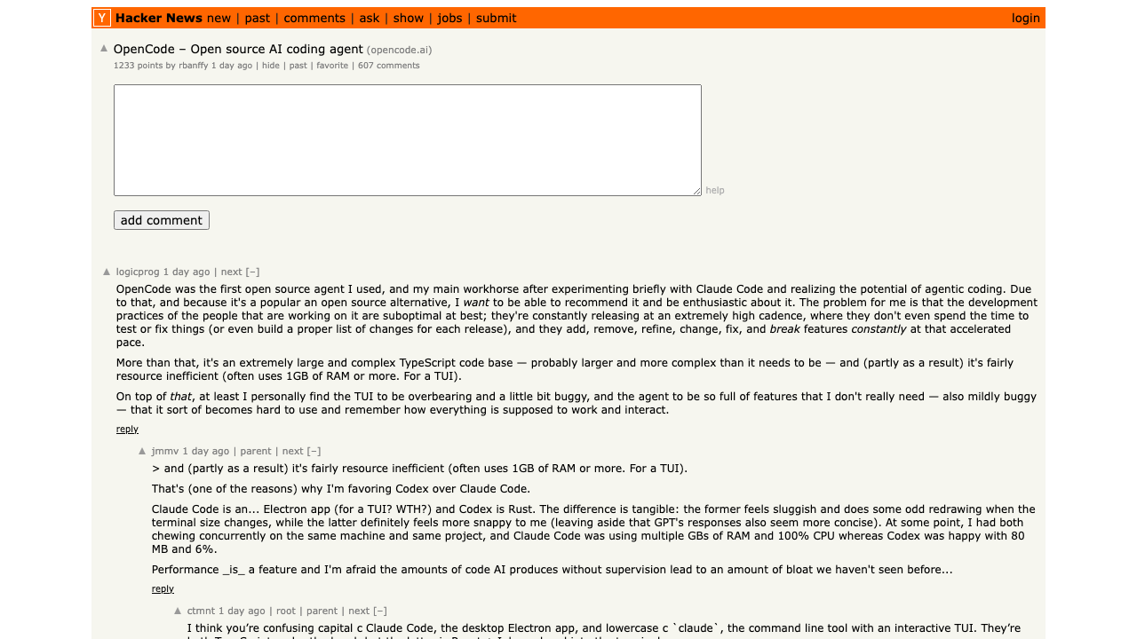 Hacker News discussion on OpenCode — 1099 points, 546 comments, with developers debating open-source AI coding agents and the Claude Code ecosystem