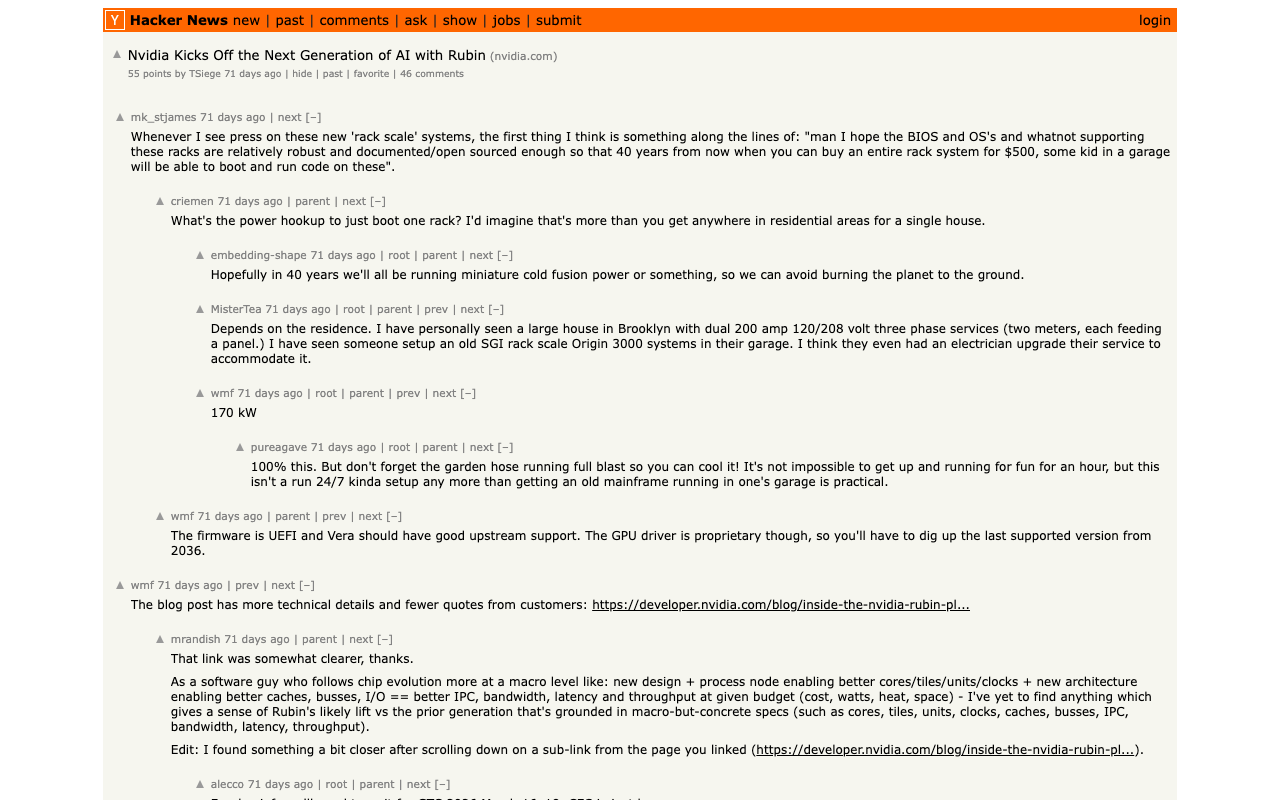 Hacker News discussion on Vera Rubin — developer community reaction