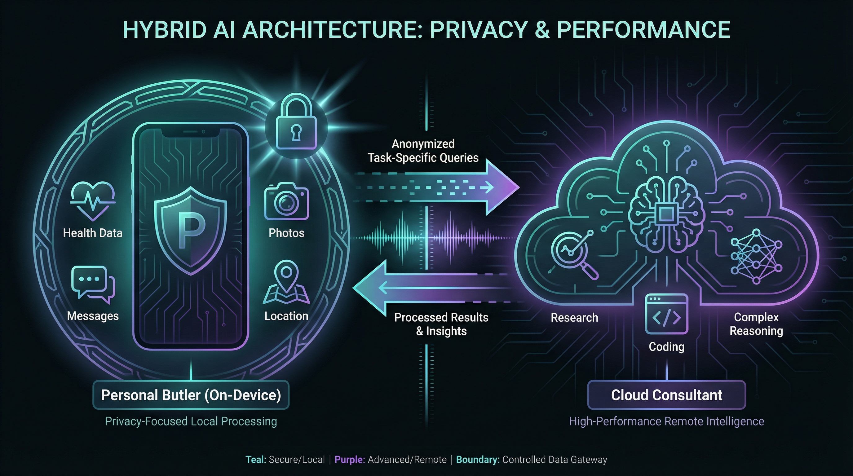 Hybrid AI architecture diagram โ on-device Personal Butler handling private data (health, messages, photos, location) vs. Cloud Consultant for heavy compute (research, coding, complex reasoning), with a clear data flow boundary