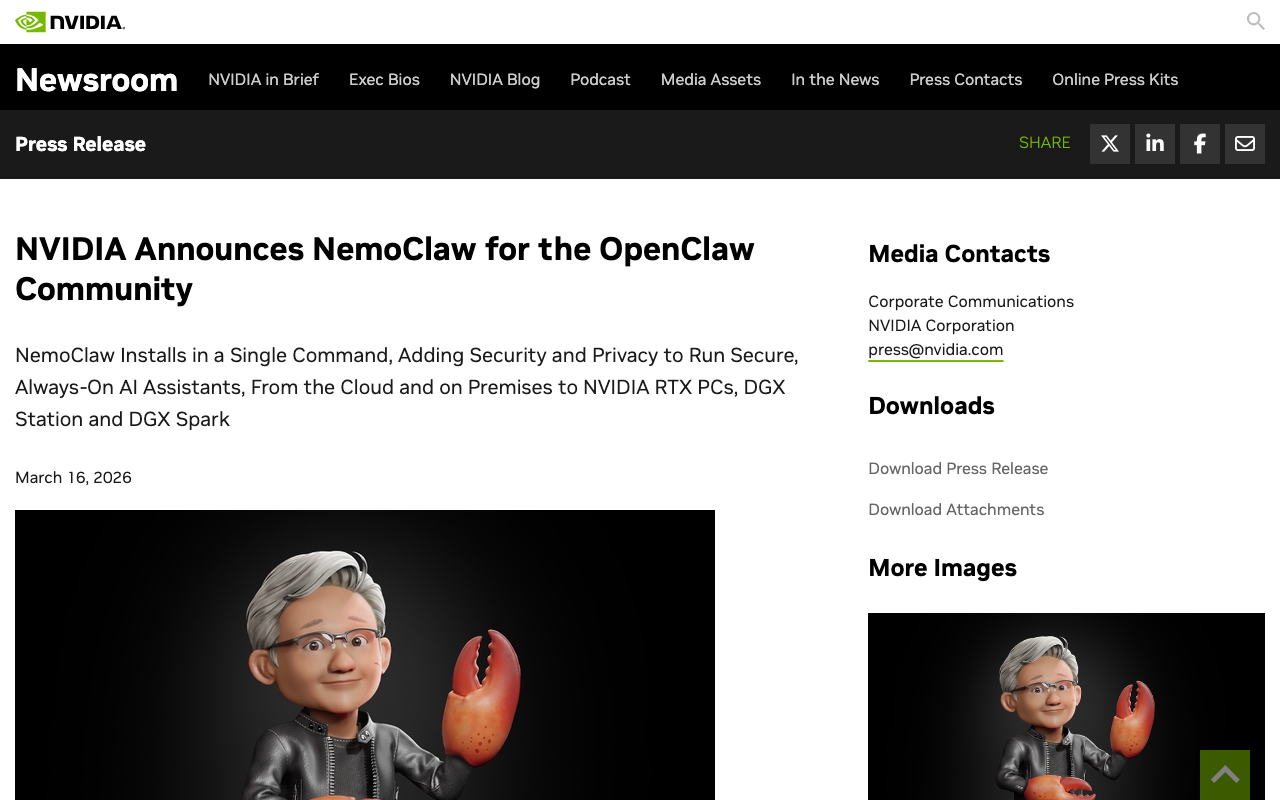 NVIDIA NemoClaw announcement — enterprise agent platform
