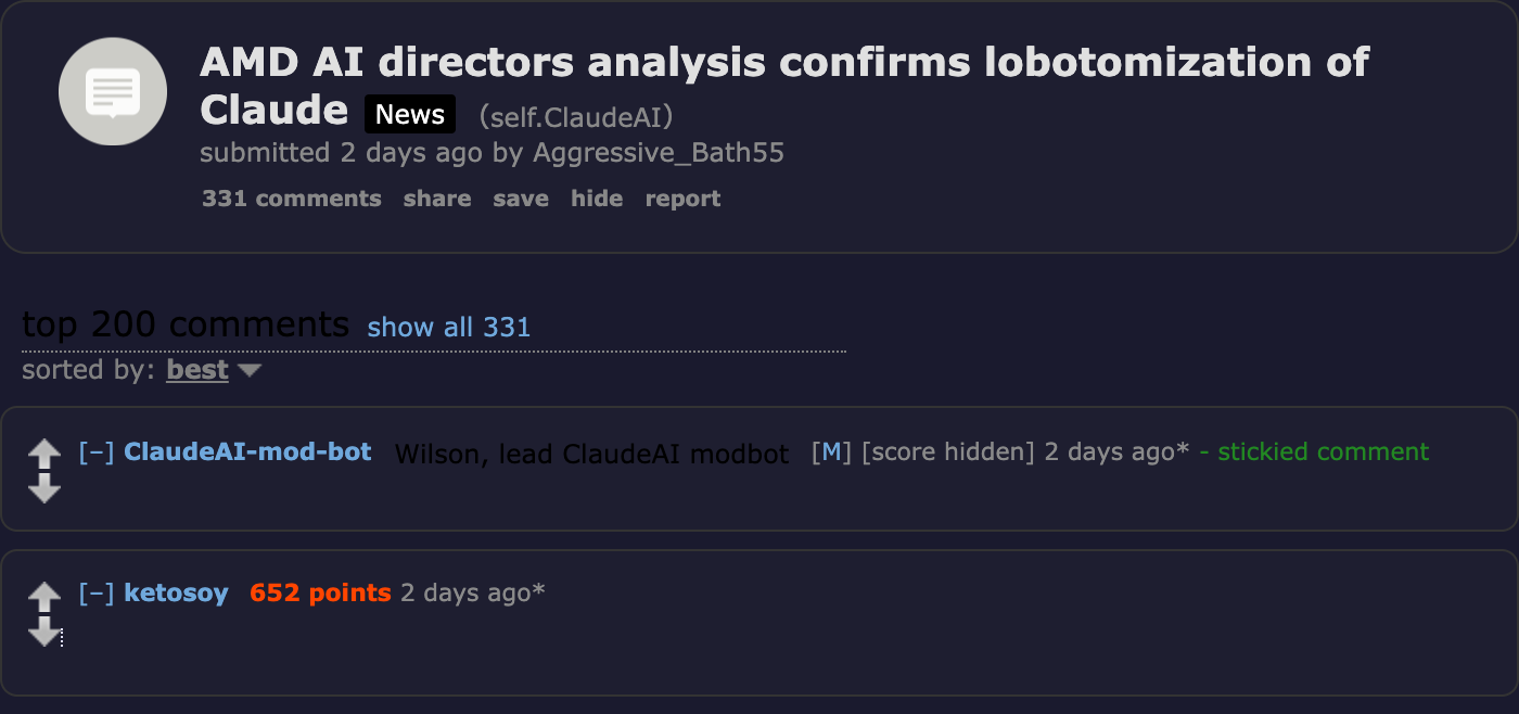 Reddit r/ClaudeAI: AMD AI Director's Analysis Confirms Lobotomization — 2,007 upvotes