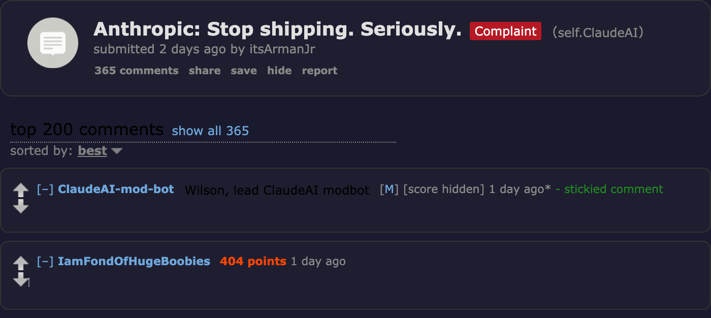 Reddit r/ClaudeAI: Anthropic: Stop Shipping. Seriously. — 2,338 upvotes from paying Max subscribers