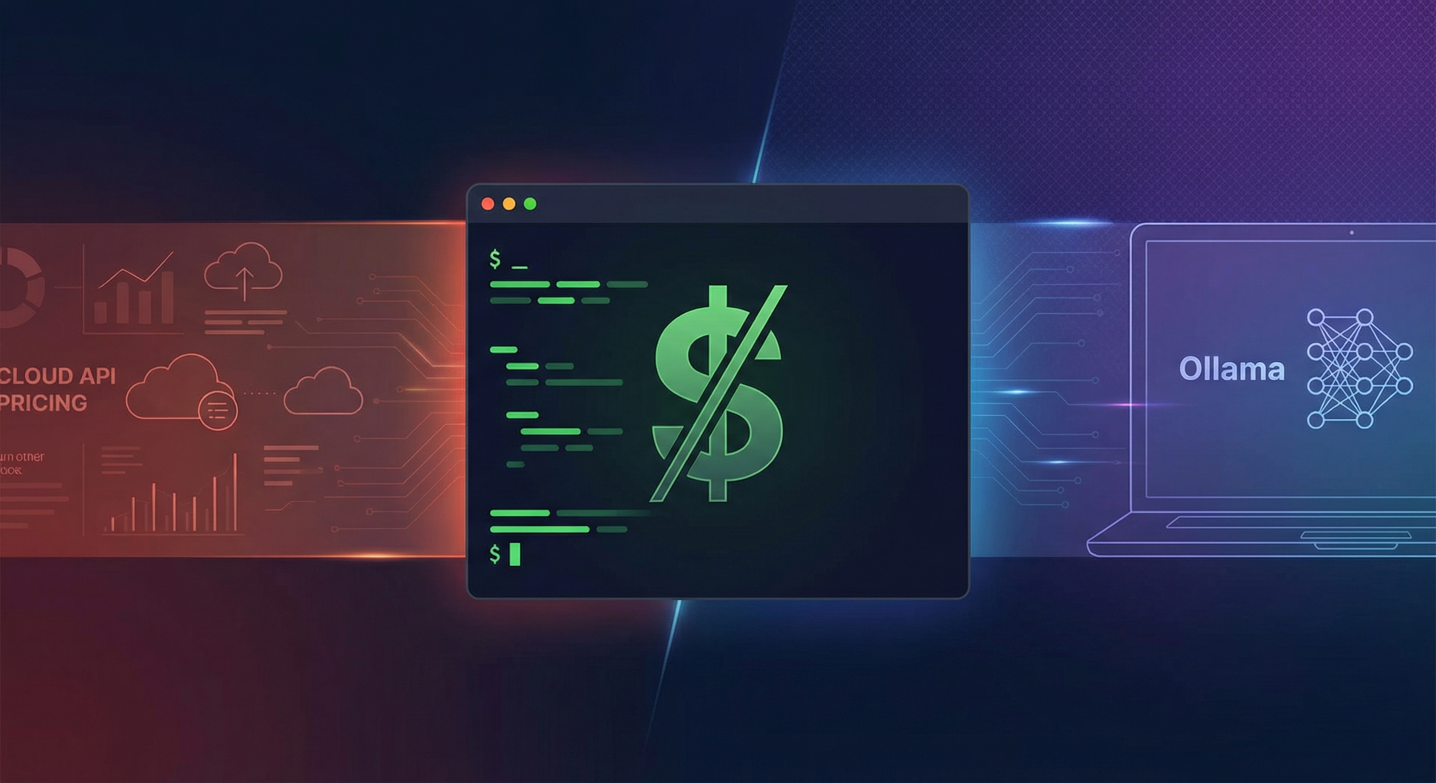 Claude Code cost reduction guide — terminal interface showing local model setup vs cloud API pricing