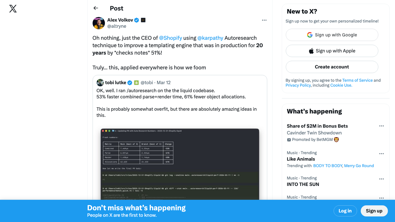 Alex Volkov quoting Tobi Lütke — Shopify CEO ran autoresearch on the Liquid codebase (in production for 20 years), achieving 53% faster parse+render and 61% fewer allocations