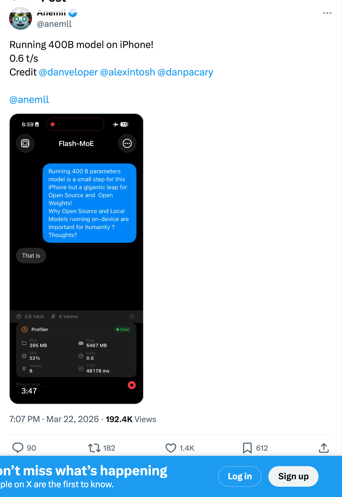 @anemll โ "Running 400B model on iPhone! 0.6 t/s. Credit @danveloper @Alexintosh @danpacary"