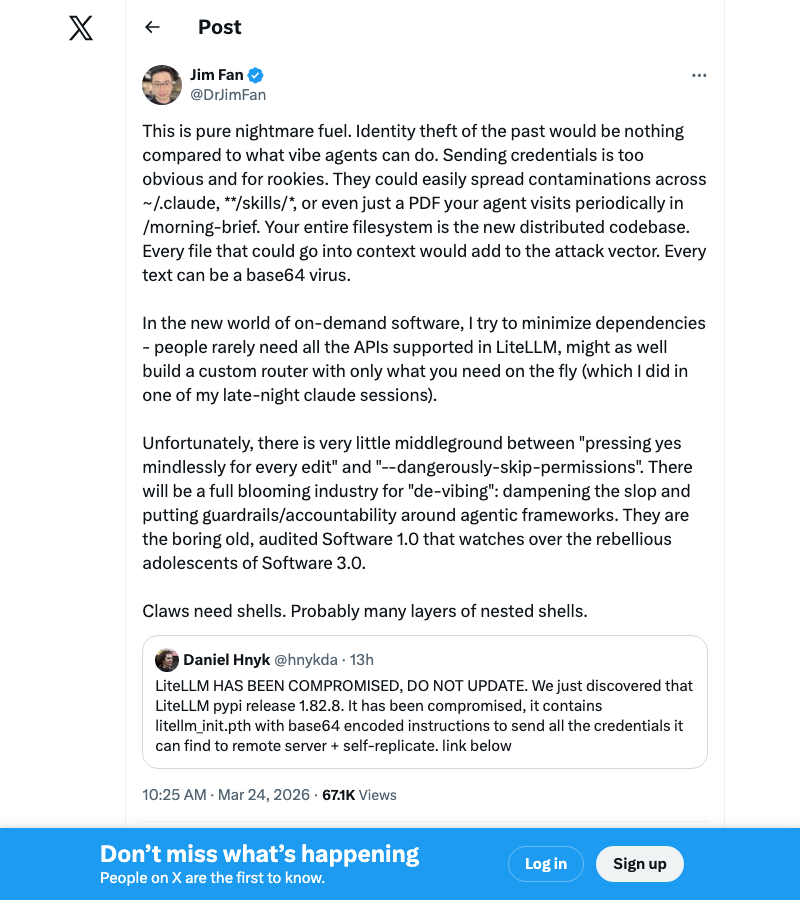 @DrJimFan — "This is pure nightmare fuel. They could easily spread contaminations across ~/.claude, skills, or even just a PDF your agent visits"