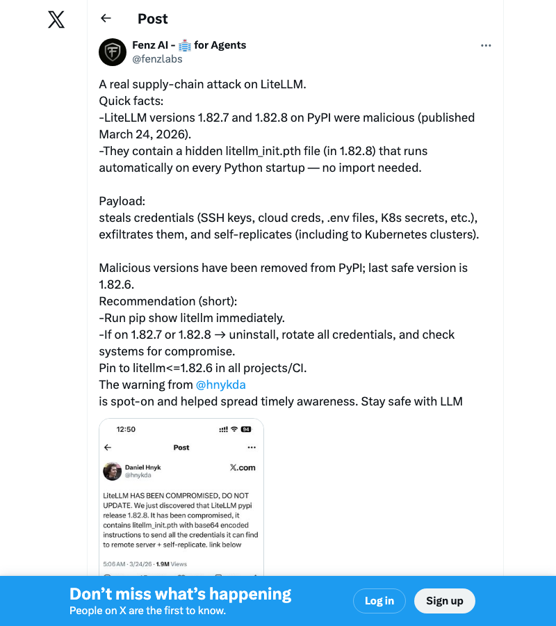 @fenzlabs breaking down the LiteLLM attack details — hidden litellm_init.pth file auto-executes on Python startup