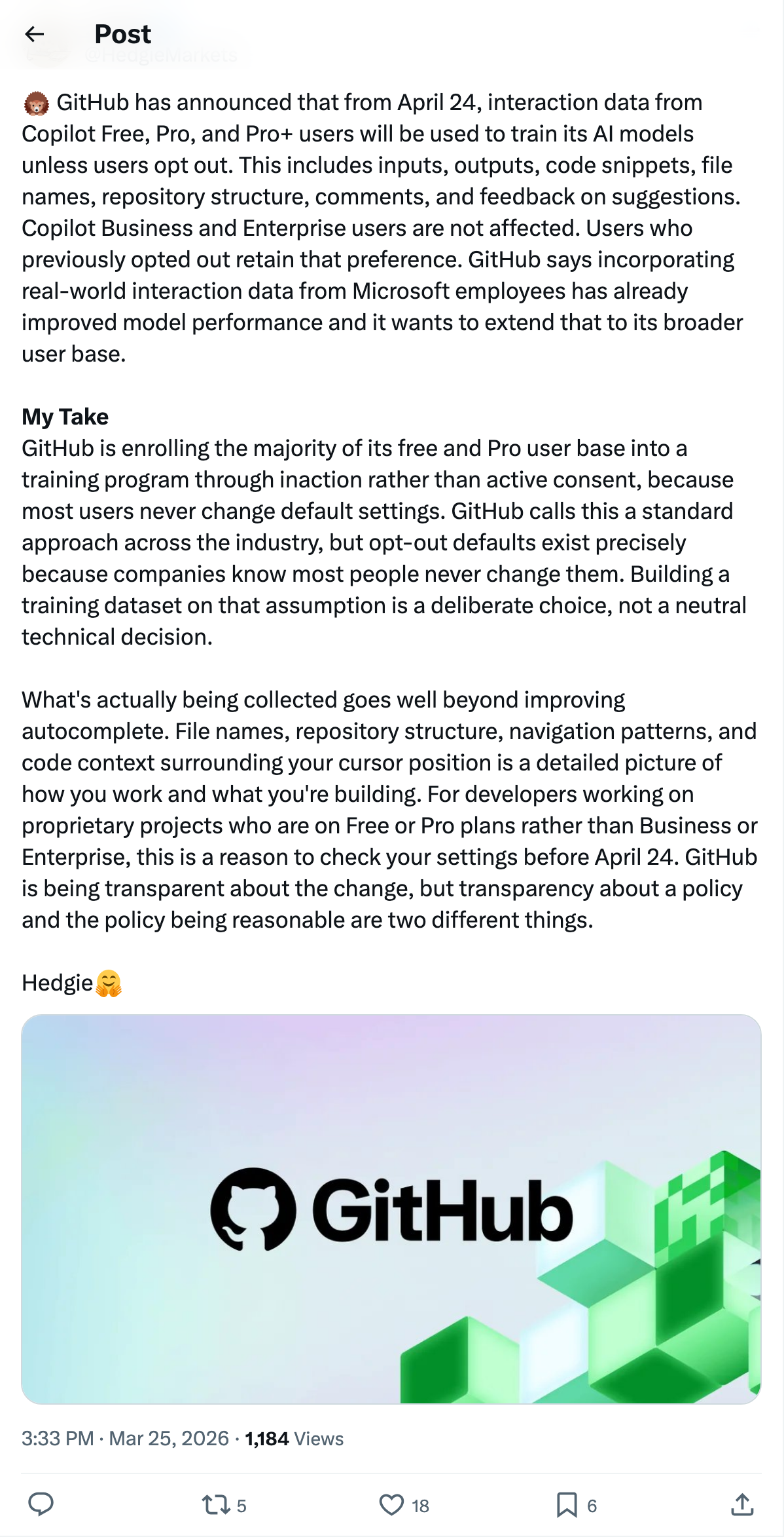 @HedgieMarkets breaking down the Copilot data policy and criticizing the opt-out default approach