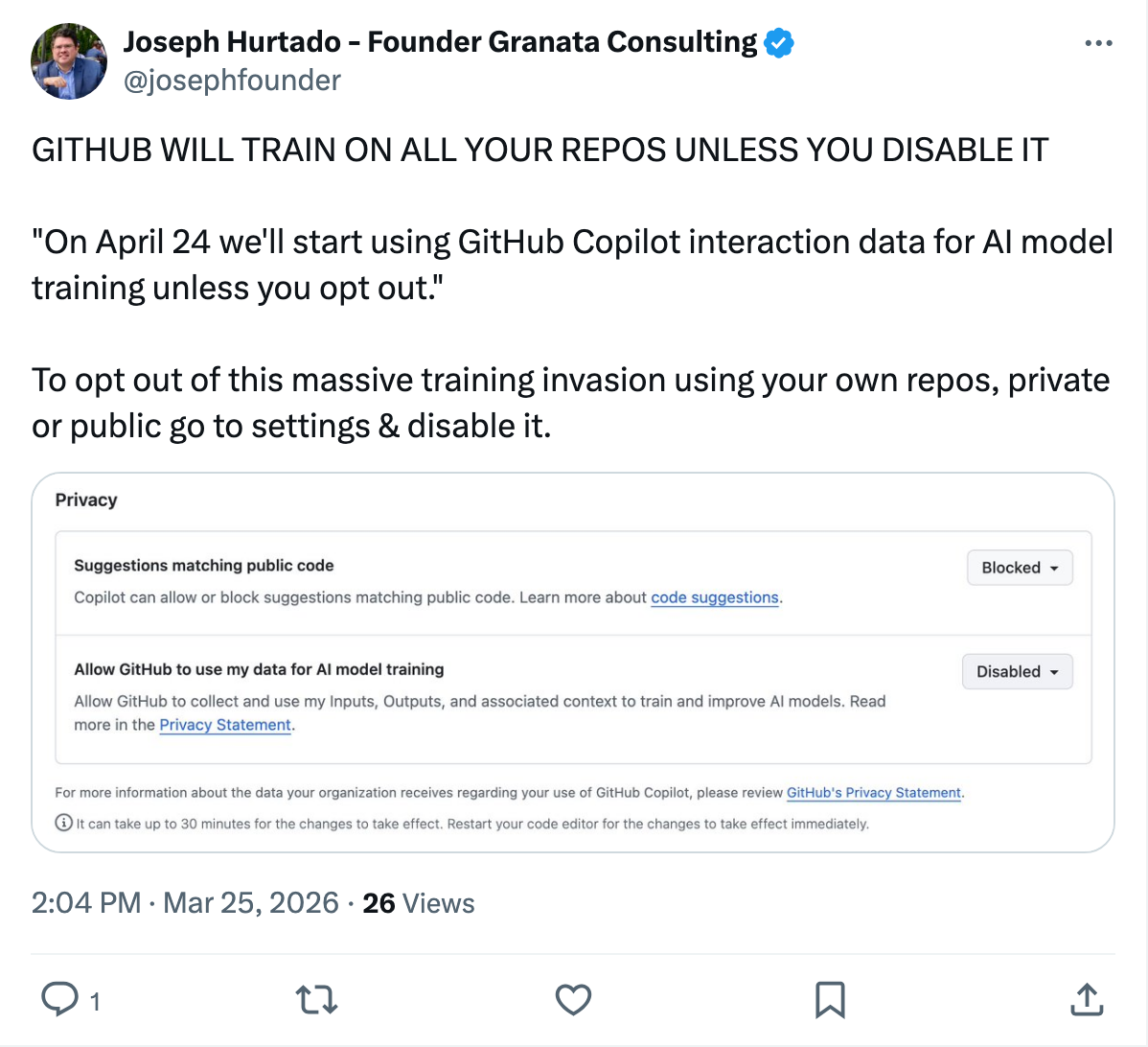 @josephfounder — "GITHUB WILL TRAIN ON ALL YOUR REPOS UNLESS YOU DISABLE IT" — showing the Copilot privacy settings toggle