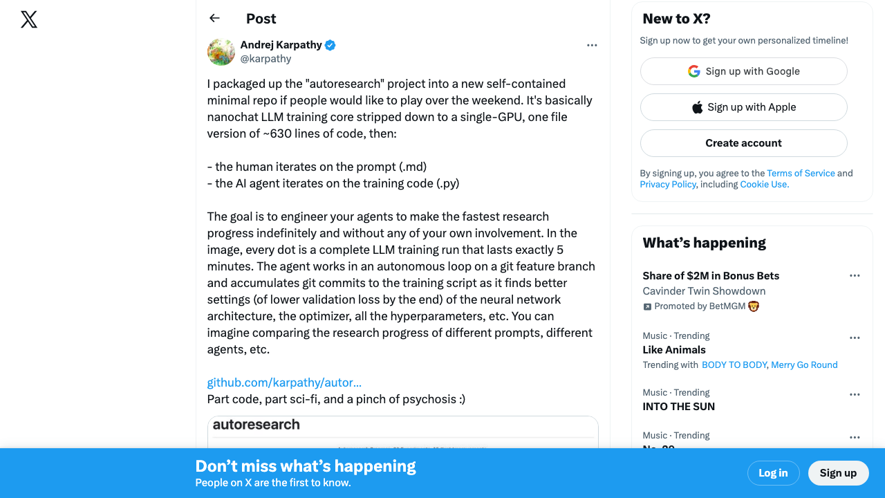 Andrej Karpathy announcing autoresearch — a self-contained minimal repo where the human iterates on the prompt (.md) and the AI agent iterates on the training code (.py), ~630 lines, single GPU