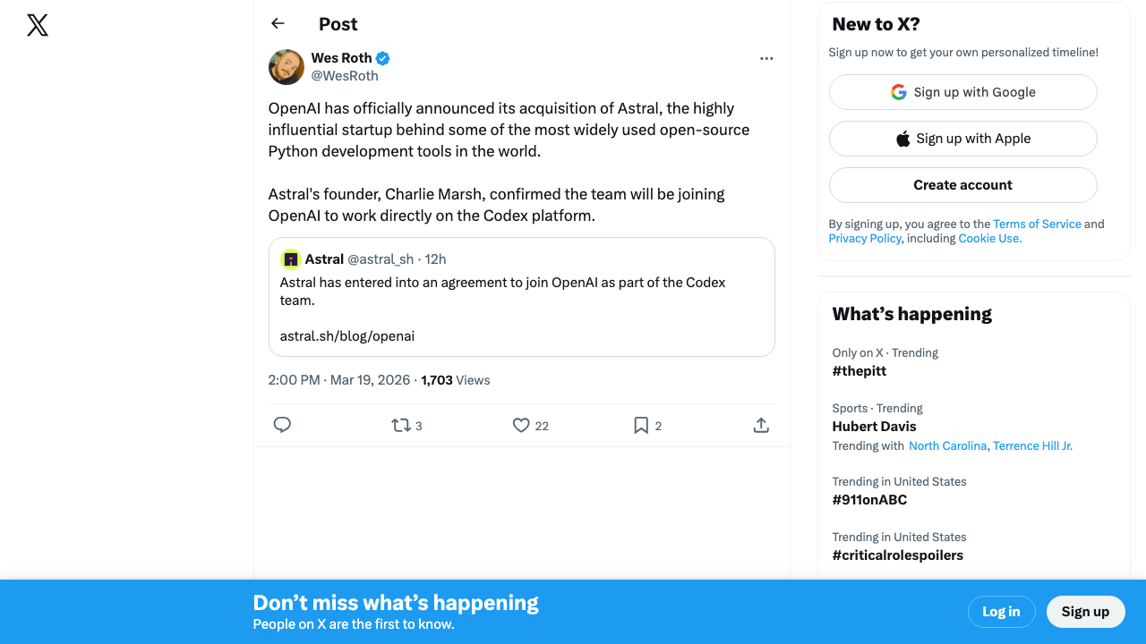 Wes Roth (@WesRoth) reporting OpenAI's official acquisition of Astral — the startup behind widely-used open-source Python dev tools uv and Ruff, with founder Charlie Marsh confirming the team will join OpenAI's Codex platform
