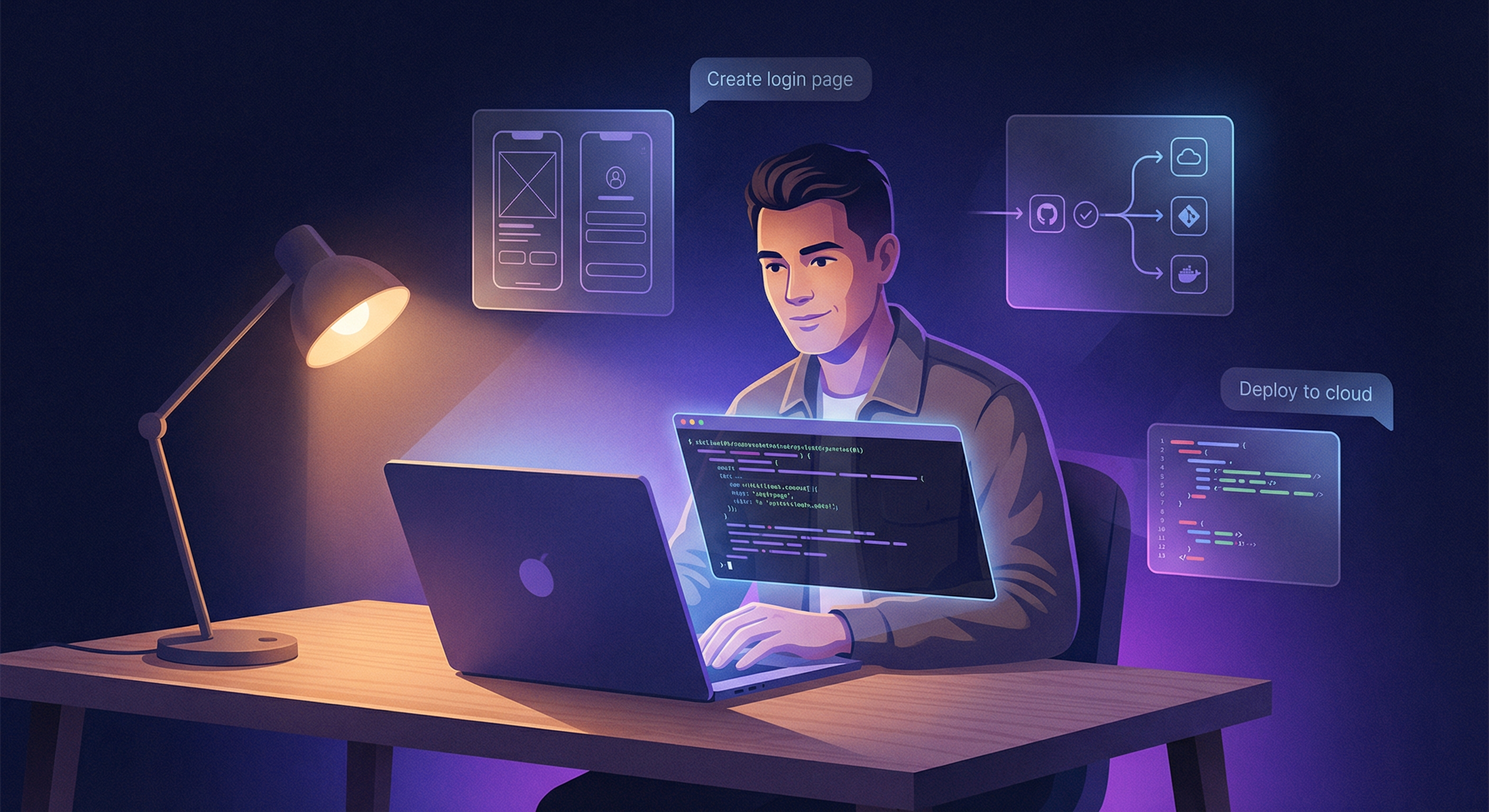 Vibe Coding in 2026 — a founder building software with AI coding tools, holographic UI elements materializing from natural language prompts